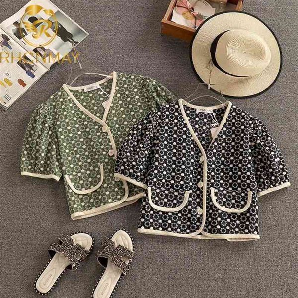 fashion women's jacket summer clothing puff sleeve hollow hook flower single breasted jackes outwear casual short coat 210506, Black;brown